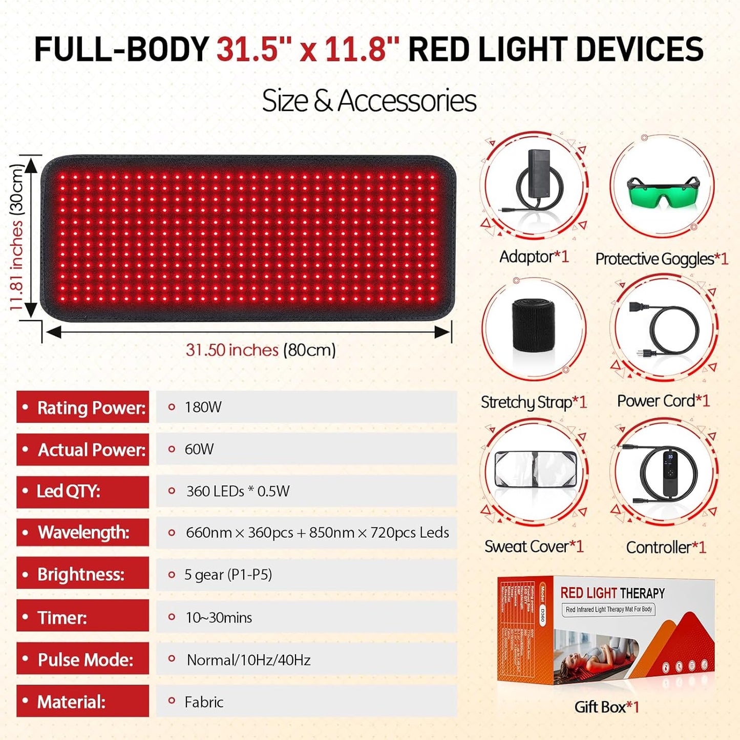 Red Light Therapy Mat, 360PCS Large Red Light Therapy Pad for Body with 660Nm 850Nm near Infrared Light Redlight Therapy Devices Mats Belt for Back Waist Shoulder Discomfort with Timer Pulse