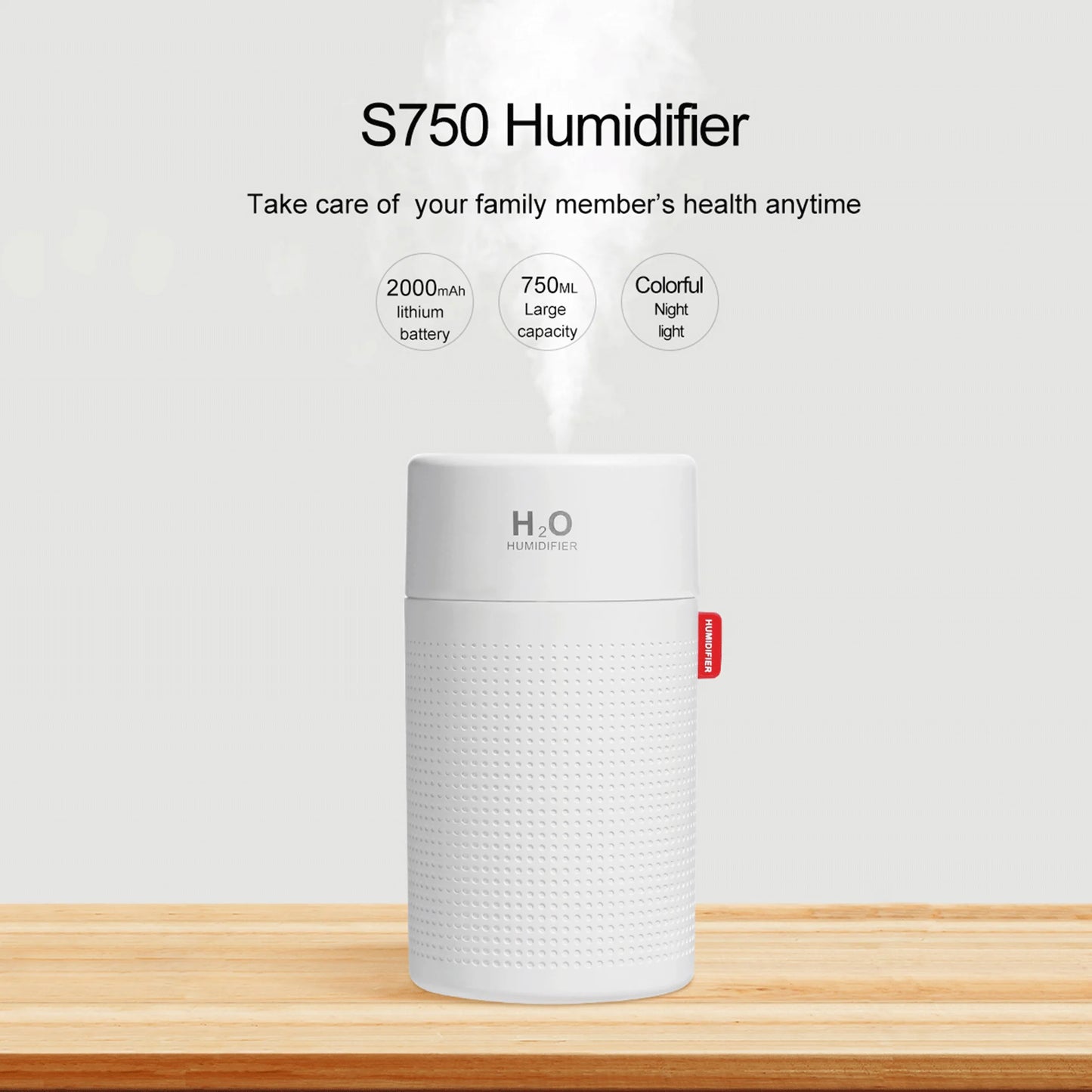 750Ml Cool Mist Ultrasonic Humidifier for Large Room, 7 Color LED Light