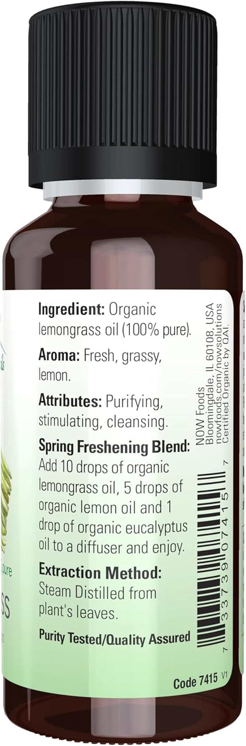 NOW Essential Oils, Organic Lemongrass Oil, Uplifting Aromatherapy Scent, Steam Distilled, 100% Pure, Vegan, Child Resistant Cap, 1-Ounce