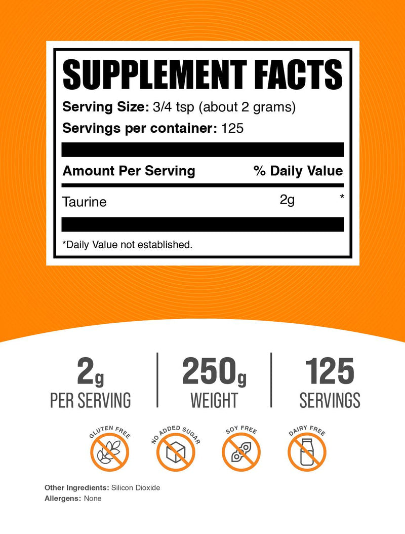Bulksupplements Taurine Powder - Gluten Free, 2G per Serving - 1 Kilogram (2.2 Lbs) - 500 Servings