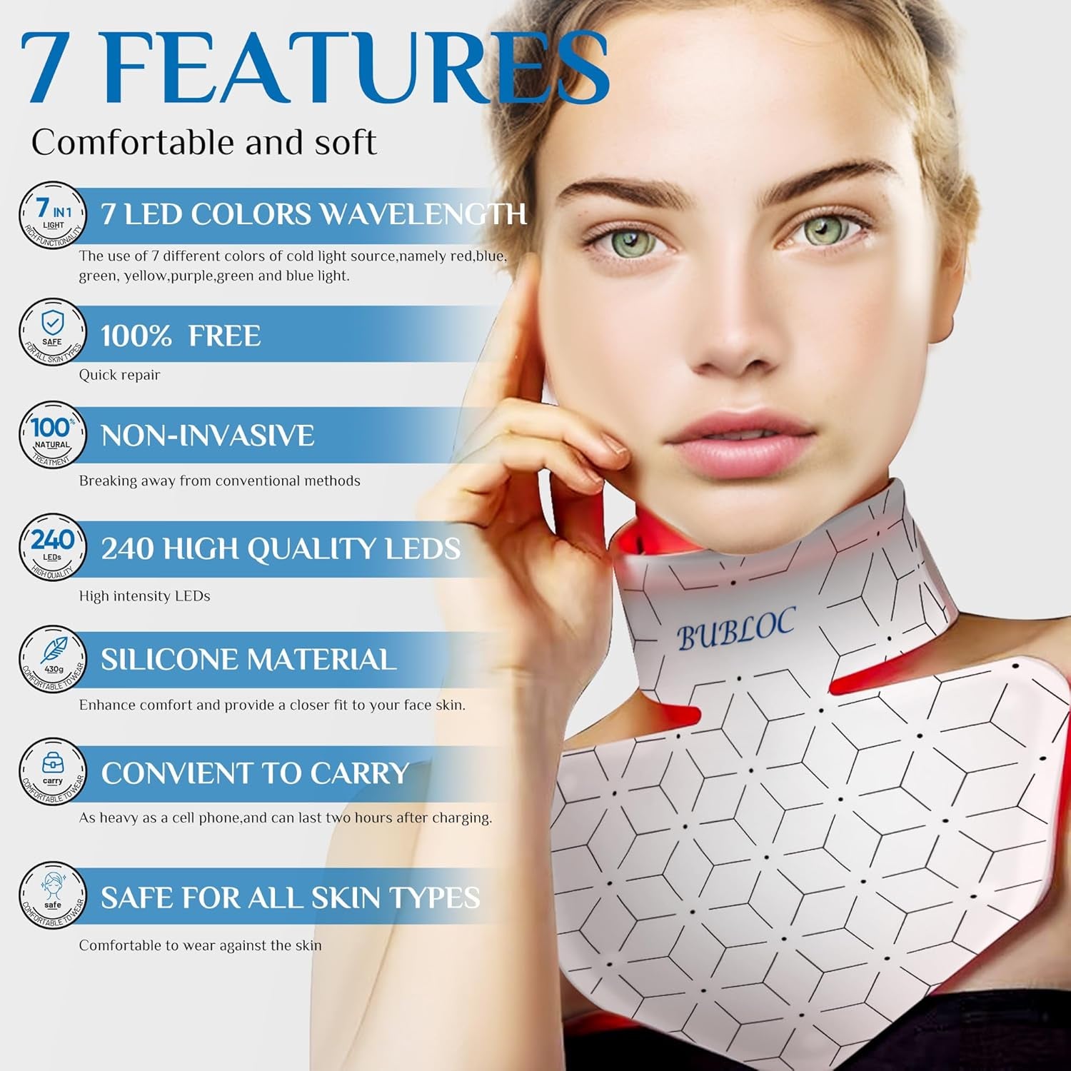 Red Light Therapy for Neck & Décolleté, 7 Colors Led Light Therapy for Face, Wireless, Portable and Rechargeable Skin Care Mask for Neck[Bneck]