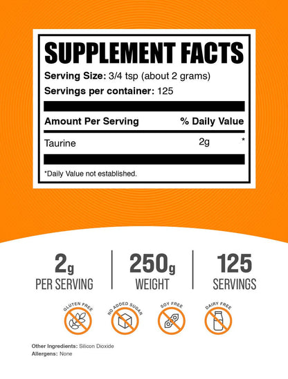 Bulksupplements Taurine Powder - Gluten Free, 2G per Serving - 1 Kilogram (2.2 Lbs) - 500 Servings